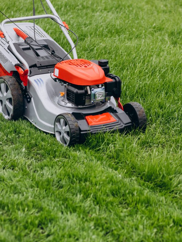 Man cutting grass with lawn mover in the back yard
